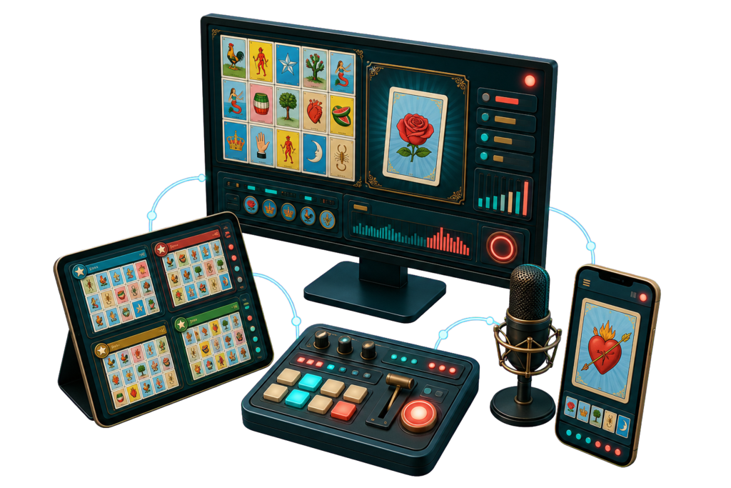 Computadora, tableta y celular conectados durante una loteria en vivo