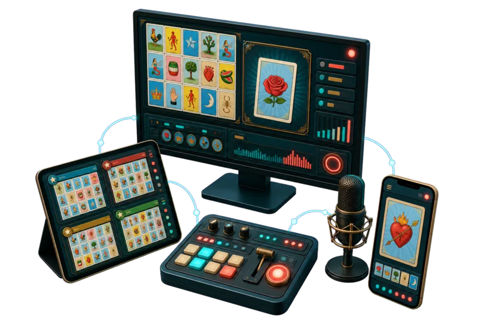 Computadora, tableta y celular conectados durante una loteria en vivo