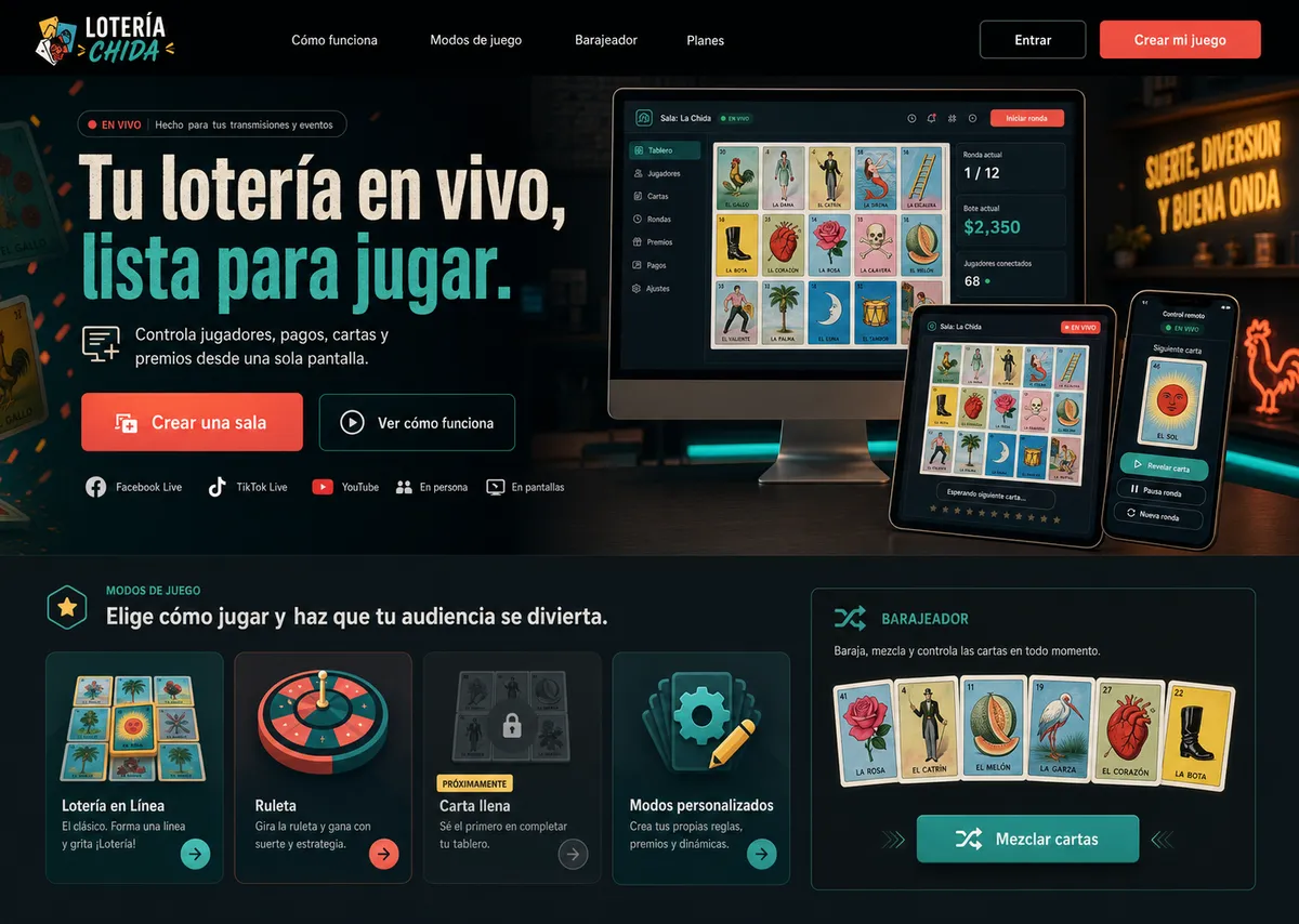 Vista de una experiencia de loteria en vivo desde computadora, tableta y celular