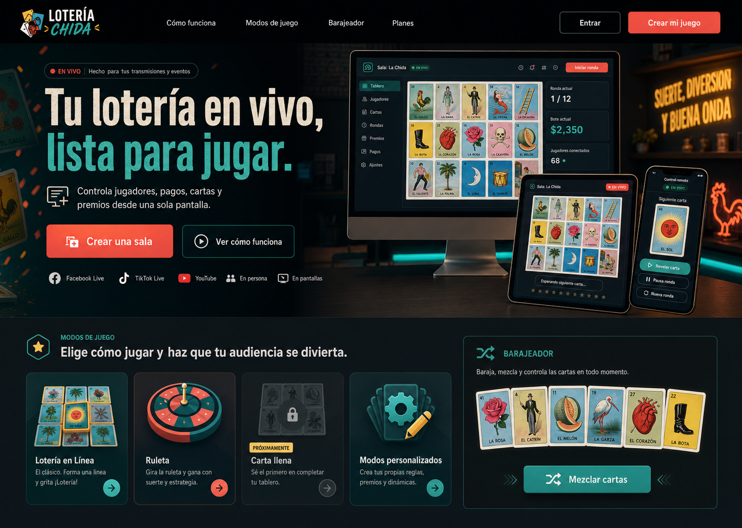 Vista de una experiencia de loteria en vivo desde computadora, tableta y celular