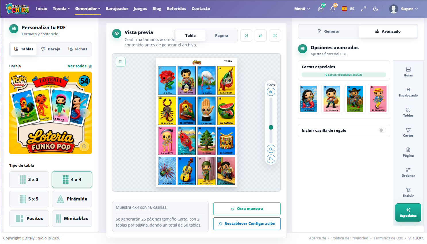 Generador de Lotería Chida con la pestaña Especiales abierta y una tabla 4 × 4